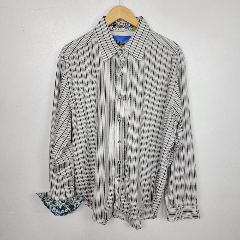 Robert Graham Shirt Mens 2XL Tailored‎ Fit Flip Cuffs Buttoned Down Stripe READ!